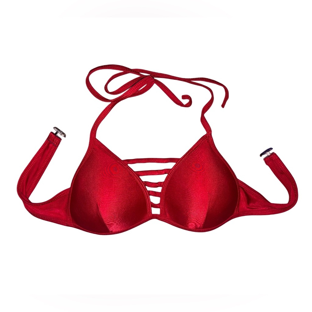 Red Strappy Halter Bikini Top with Cutout Detail